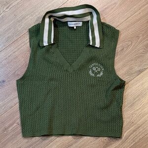 WeWoreWhat Olive Green Sleeveless Tennis Polo Vest with Striped Collar